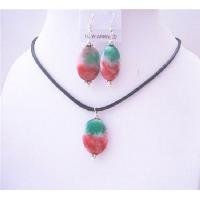 NS563 Fancy Agate Stone Oval Pendant & Earrings Sets w/ Black Chord Velvet Jewelry Set