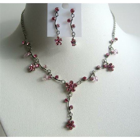 NS500 Pink Jewelry Set Pink Rhinestones Necklace Set W Enamel And Cute