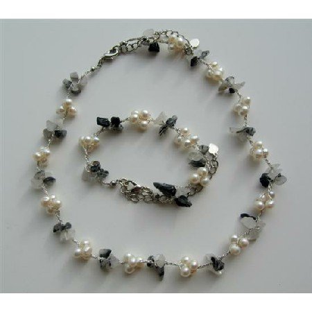 NS483 Freshwater Pearls And Onyx Nugget Chips Necklace & Bracelet
