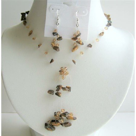 NS434 Tiger Eye Jewelry Set Tassel Tiger Eye Necklace w/ Sterling Silver Earrings