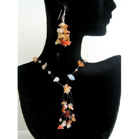 NS489 Carnelian Stone Chip & Colorado Crystals Necklace Set w/ Tassel Drop Silver Earrings