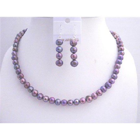 NS297 Freshwater Pearls Jewelry Set Metallic Purple Freshwater Pearls Necklace Set