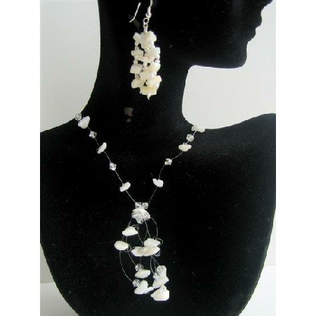 NS484 Opal Stone Chip & Clear Crystals Necklace Set w/ Tassel Drop Handmade w/ Sterling Earrings