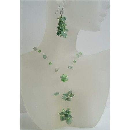 NS485 Jade Stone Chip & Erinite Crystals Necklace And Sterling Silver Earrings w/ Tassel
