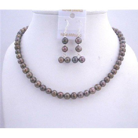NS542 Brown Freshwater Pearls Jewelry Set Metallic Brown Purplish Freshwater Pearls Necklace Set