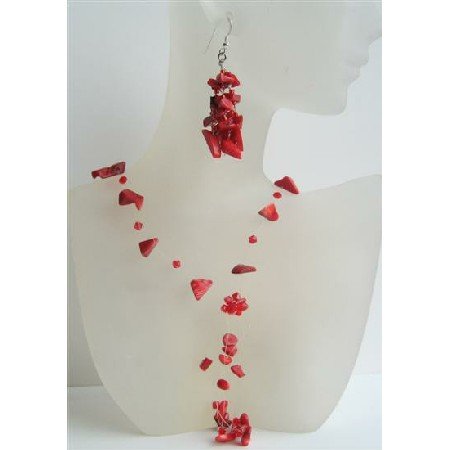 NS487 Coral Floating Necklace Set w/ Siam Red Crystals Tassel Drop Jewelry w/ Sterling Earrings