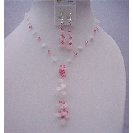 NS502 Pink Nugget Handcrafted Necklace Set And Sterling Silver Earrings w/ Tassel