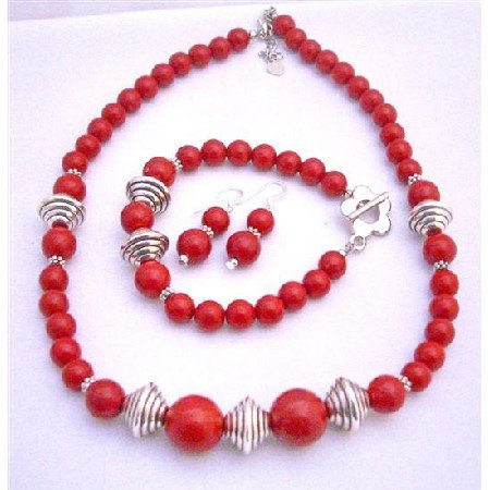 NS602 Traditional Coral Jewelry Set Necklace Earrings & Bracelet Bali Silver Spacer Coral Jewelry