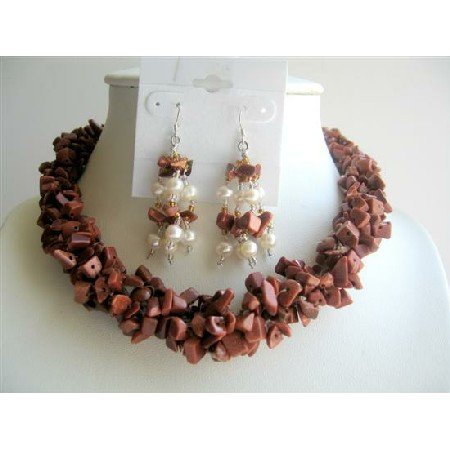 NS284 Jasper Stone Nuggets Necklace w/ Sterling Silver Earrings Freshwater Pearls Jewelry Sets
