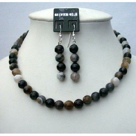 NS418 Genuine Black Agate Bead Necklace 8mm Sterling Silver Earing Custom Jewelry