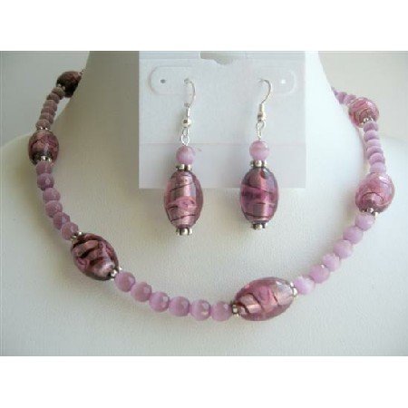 NS219 Amethyst Faceted Cat Eye Beads Necklace Set w/ Millefiori Glass Beads