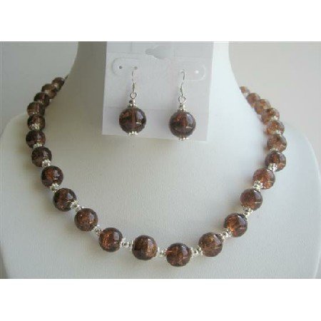 NS295 Fancy Brown Glass Beads w/ Silver Beads Spacer Necklace Set
