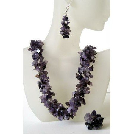 NS413 Genuine Amethyst Stone Chips Handcrafte Necklace Earrings & Rings