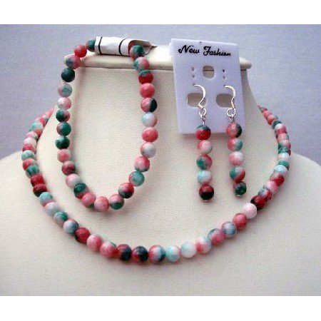 NS387 Handcrafted Simulated Fancy Agate Bead Necklace Stretchable Bracelet & Sterling Earrings