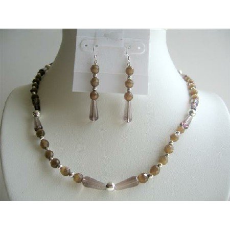 NS344 Smoky Quartz Teardrop Beads w/ Brown Cat Eye Beads Handcrafted Necklace Set