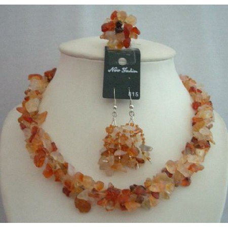 NS362 Handcrafted Carnelian Stone Chip Necklace Sets With Ring (BRAND NEW)