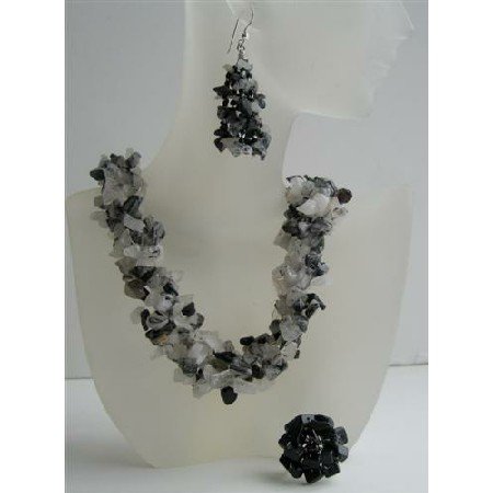 NS531 Black Onyx & White Opal Nugget Stone Chips Handcrafte Necklace Earrings & Rings