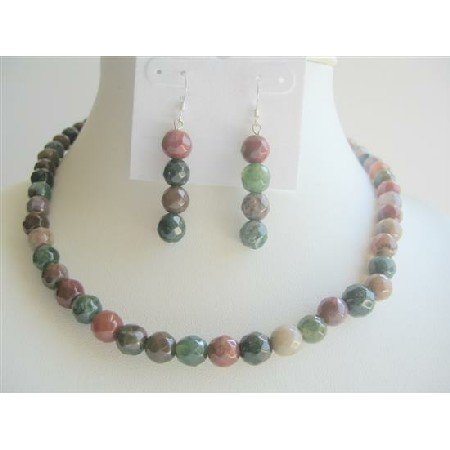 NS233 MultiColored Jade Glass Beads 9mm Necklace Sets w/ Sterling Silver Earrings