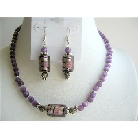 NS259 Venetian Glass Beads Handcrafted Jewelry Sets w/ Amethyst Cat Eyes Necklace Sets