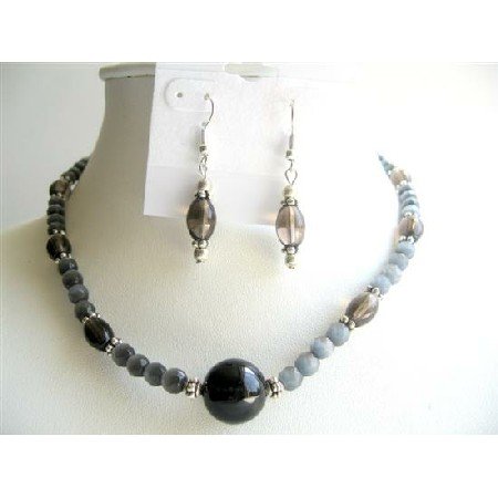 NS497 Handmade Black Cat Eye Beads w/ Smoky Quartz Barrel Beads Jewelry Sets