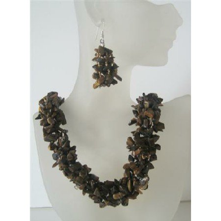 NS508 Tiger Eye Nugget Stone Chip Beads Handcrafte Necklace Sterling Silver Earrings