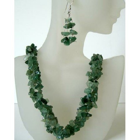 NS412 Genuine Sterling Silver Green Jade Stone Nugget Chip Handcrafted Necklace Sets