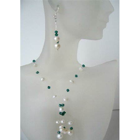 NS513 Potato Freshwater Pearls Swarovski Erinite Crystals Necklace Set w/ Tassel Jewelry Set