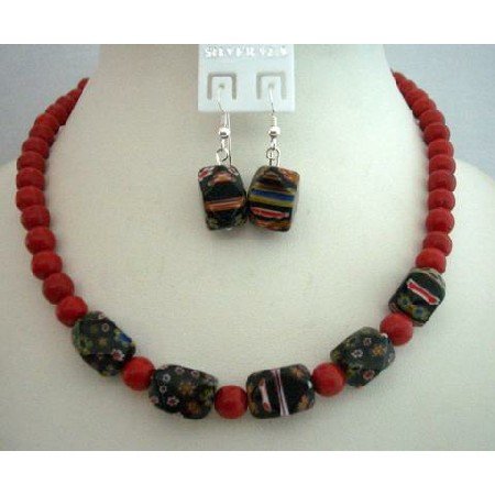 NS375 Custom Jewelry Coral 8mm Beads w/ Millefiori Murano Glass Bead