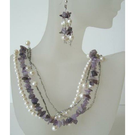 NS414 Multi String Freshwater Pearls & Genuine Amethyst Stone Chips Handcrafted Necklace Earrings