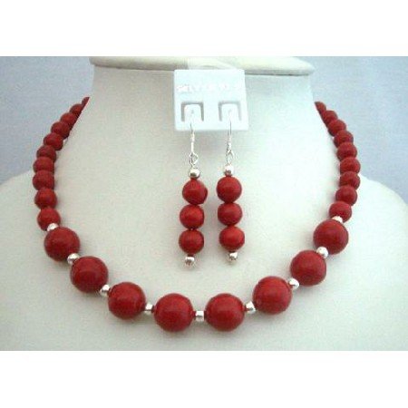 NS355 Handcrafted Coral Red Round Faceted Bead Custom Jewelry Necklace Set w/ Silver Spacing