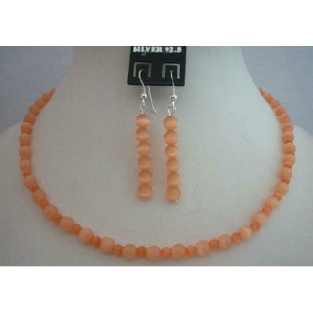 NS370 Sleek & Dainty Custom Jewelry Peach Cat Eye Sterling Silver Necklace Set