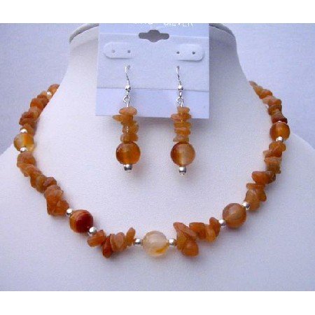 NS447 Carnelian Nugget w/ Silver Beads Spacer Necklace & Sterling Silver Earrings