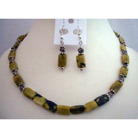 NS354 Apple Green w/ Matrix Rectangular Turquoise Beads Necklace Set w/ Bali Oxidized Spacing