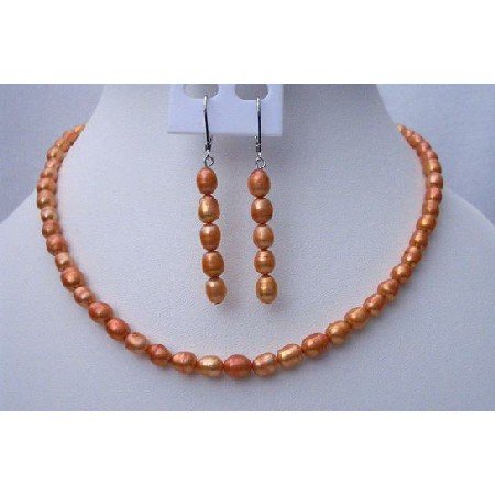 NS441 Rice Shaped Freshwater Pearls Metallic Orange Color Handmade Necklace & Fish Wire Earrings