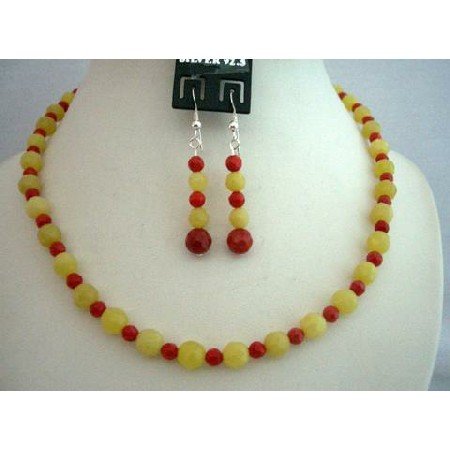 NS373 Apple Jade Faceted Beads w/ Coral Bead & Sterling Silver Earrings & Necklace