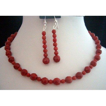 NS206 Handcrafted Faceted Red Coral Bead Necklace & Earrings Set