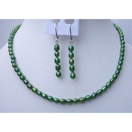 NS440 Rice Freshwater Pearls Jewelry Metallic Green Color Handmade Necklace & Fish Wire Earrings