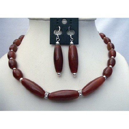 NS417 Carnelian Bead Necklace Set w/ Bali Silver Spacing & Sterling Silver Earrings