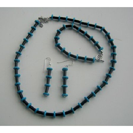 NS461 Necklace Onyx Tube And Turquoise Rings Jewelry Set Handcrafted Genuine Bead Jewelry Set