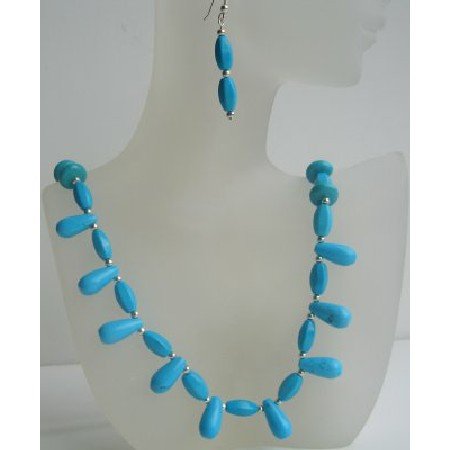 NS462 Turquoise Teardrop Barrel & Round Beads Necklace Set Handcrafted Cusotom Jewelry Set