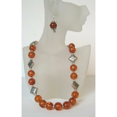 NS439 Handmade Ethni Amber Necklace With Sterling Silver Earrings & Bali Silver Spacing
