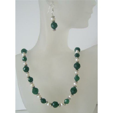 NS507 Multifaceted Jade Glass Bead Potato Freshwater Pearls Handcrafted Necklace Set