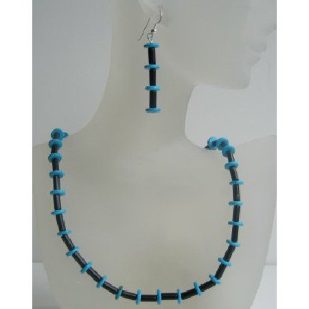 NS460 Onyx Tube And Turquoise Rings Necklace Set w/ Sterling Silver Earrings