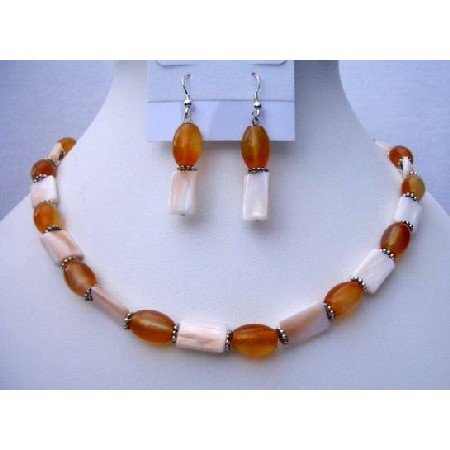 NS448 Mother Pearls Shell Jewelry w/ Carnelian Beads Daisy Spacing Necklace & Earrings