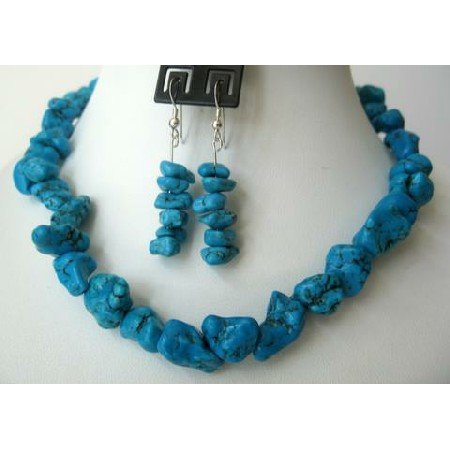 NS383 Sterling Silver Genuine Natural Turquoise Nugget Necklace Set Handcrafted Turquoise Jewelry