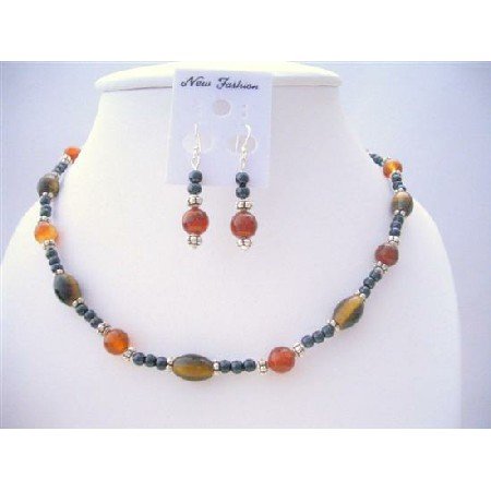 NS521 Tiger Eye Carnelian & Cultured Beads Necklace Set w/ Bali Silver Spacing Earrings