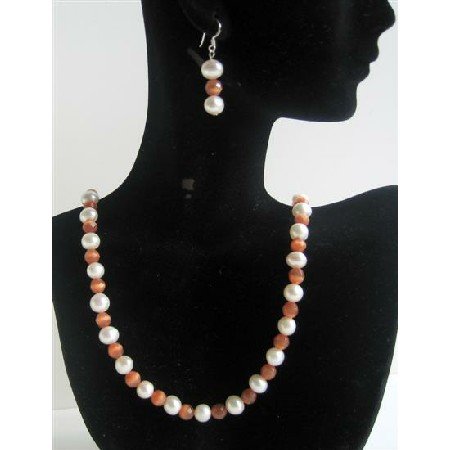 NS488 Freshwater Pearls Cat Eye Necklace Set Bead Jewelry Set w/ Sterling Silver Earrings