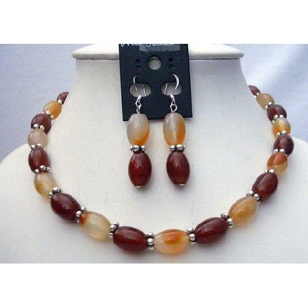 NS416 Carnelian & Focal Bead Necklace Set w/ Bali Silver Spacing & Sterling Silver Earrings