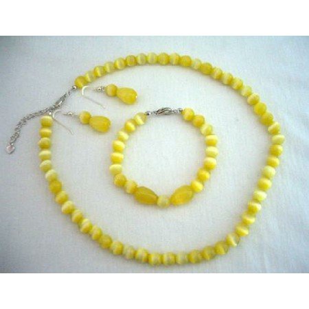 NS359 Sterling Silver Custom Lime Cat Eye Bead Necklace Earrings And Bracelet