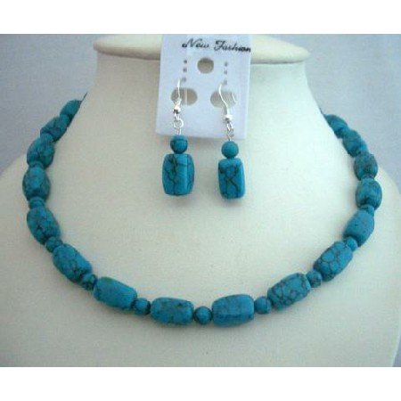 NS357 Custom Handcrafted Turquoise Jewelry Barrel & Round Turquoise Beads Necklace Set